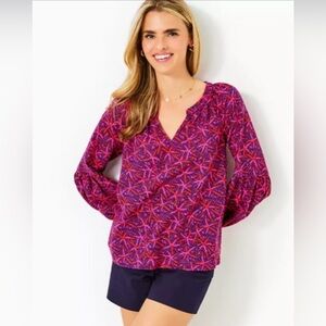 NWT Lilly Pulitzer Graphic Red and Blue Long Sleeve Blouse